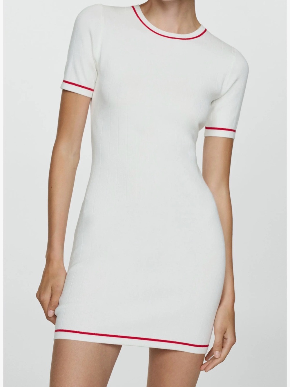 MANGO White Short Sleeve Knit Mini Dress with Red Trim